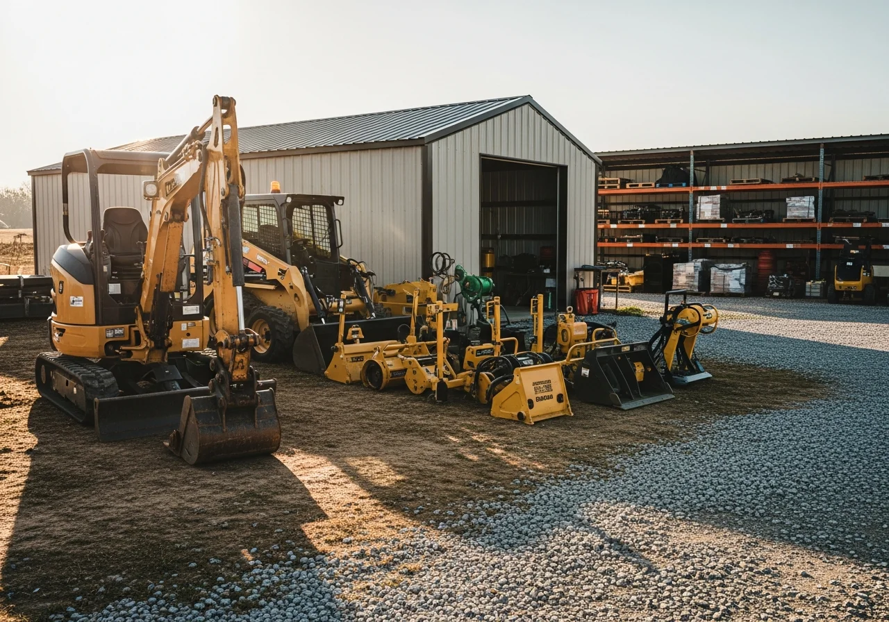Construction equipment and tools ready for excavation, grading, and utility work on a job site.