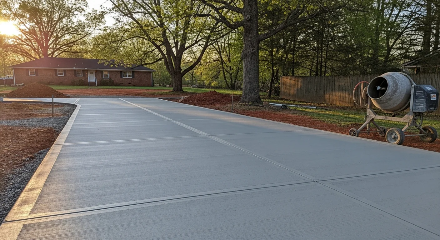 Finished concrete pad and grading work on residential construction site