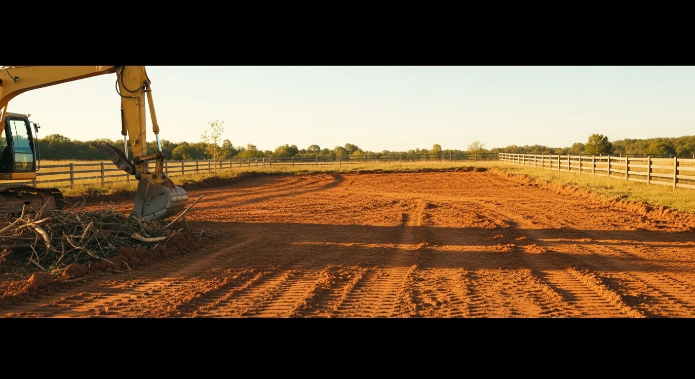 Excavation equipment performing site grading and dirt work on residential property