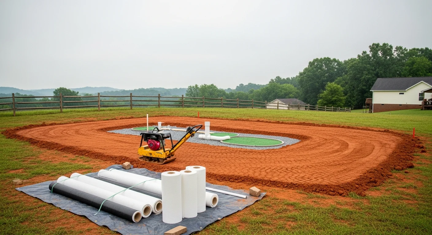 Septic system installation on residential property with excavation equipment