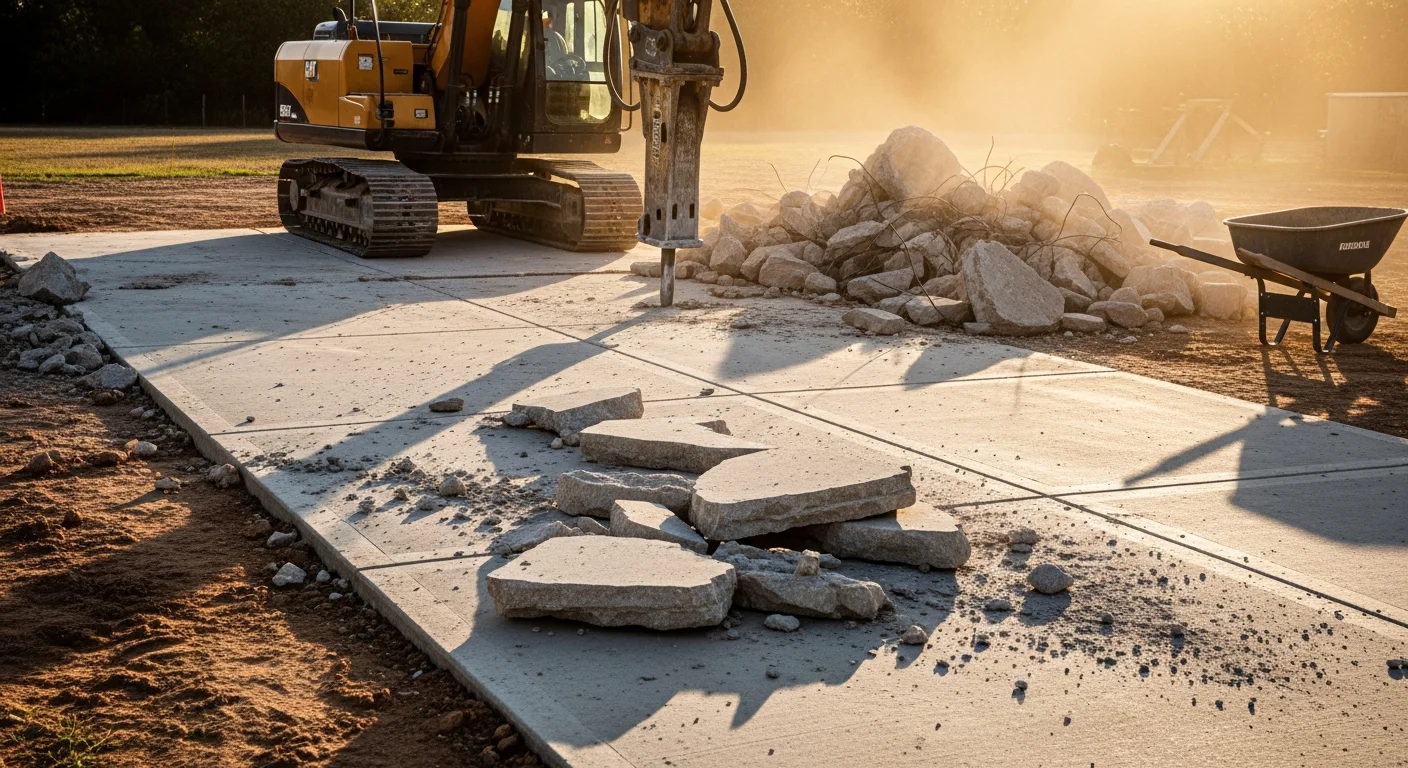 A concrete slab being broken apart and removed from a residential property in Cross Plains, Texas. Chunks of cracked concrete are staged for haul-off with cleared ground visible nearby.