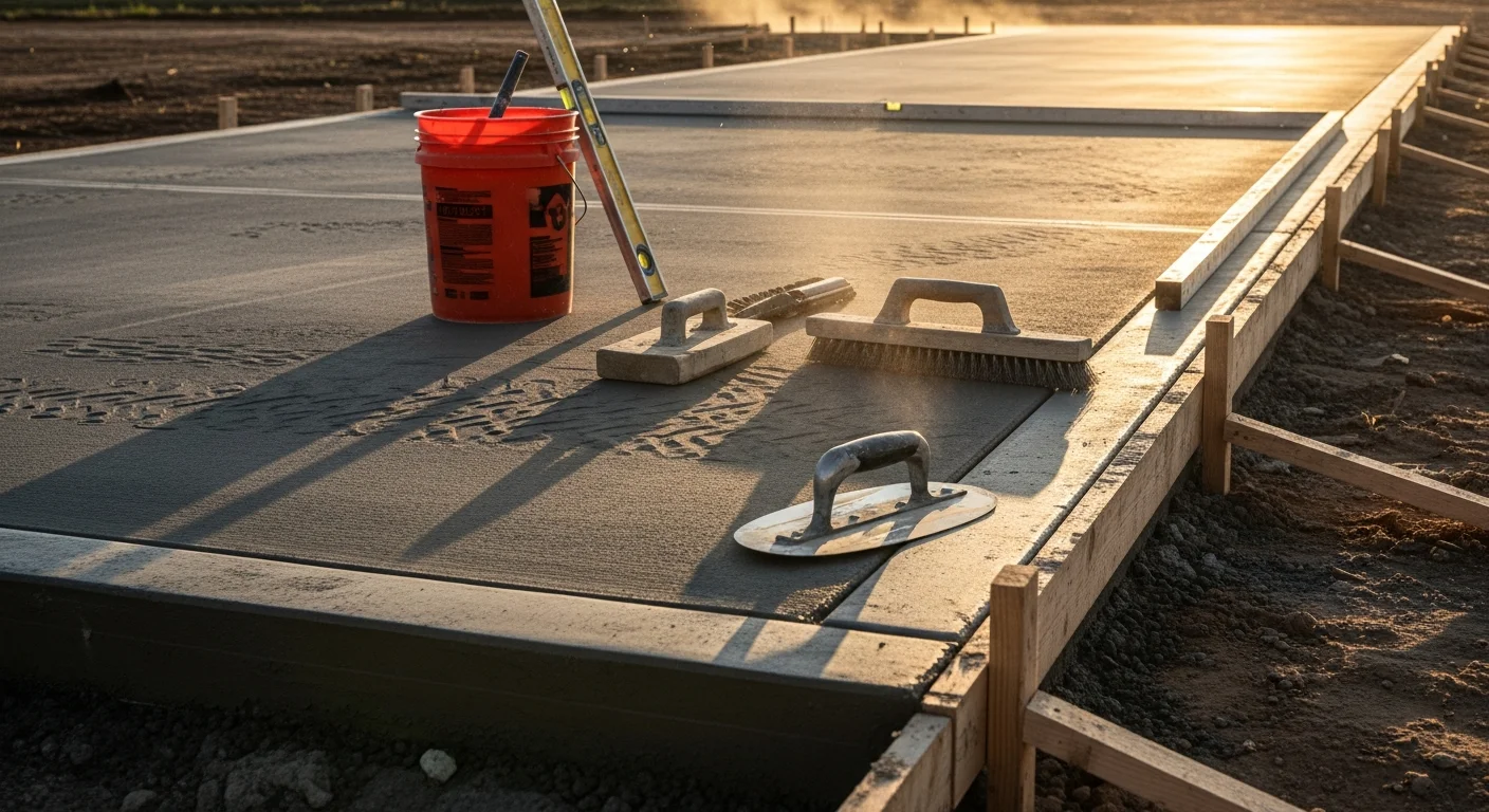 A freshly broom-finished concrete driveway slab at a residential property in Cross Plains, Texas, with clean edges and a uniform surface texture. The slab sits under a clear West Texas sky with a rural property visible in the background.