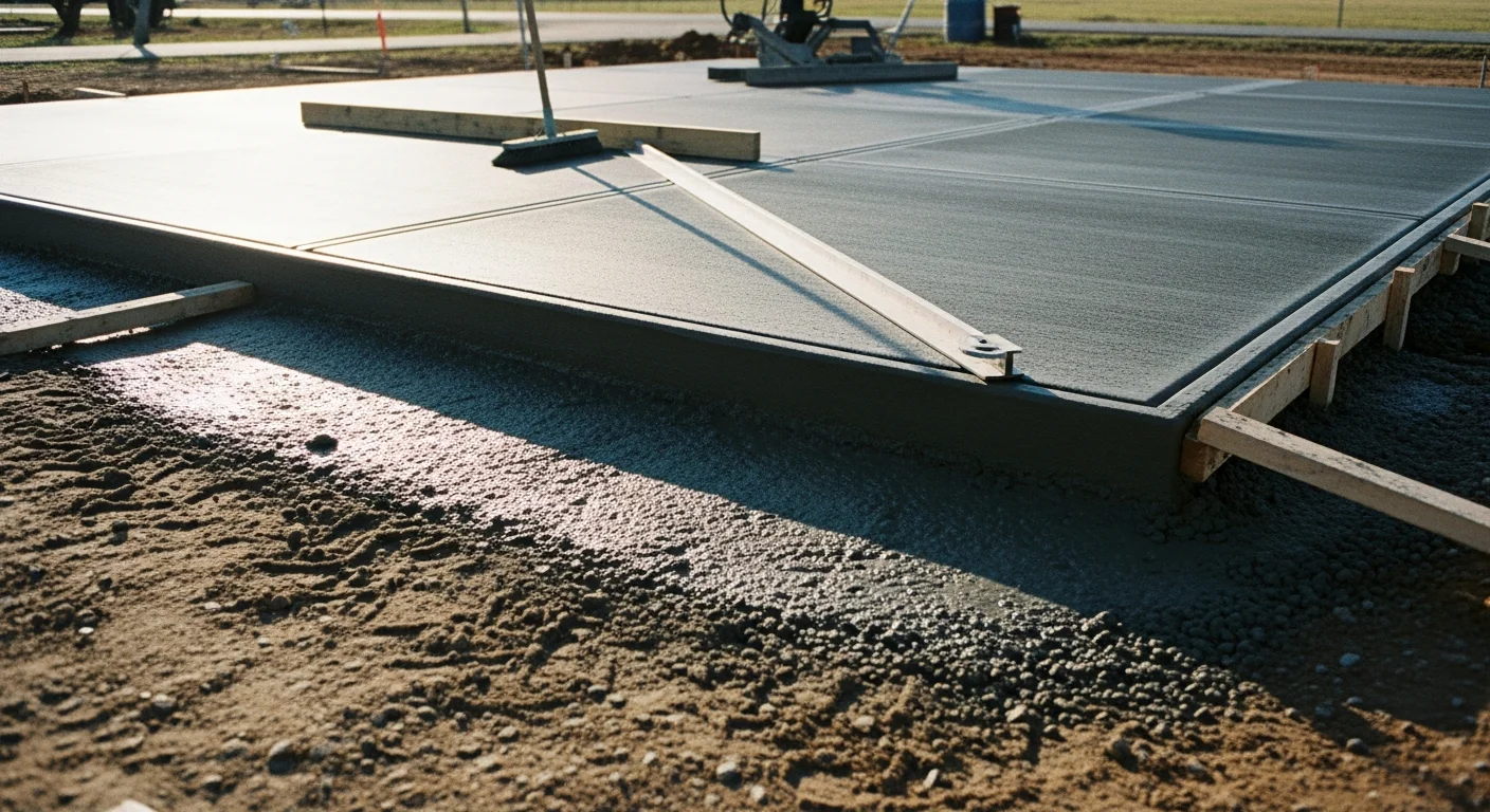 A freshly poured and finished concrete driveway slab on a rural residential property in Cross Plains, Texas. The surface shows clean trowel work with visible control joints running across the width of the slab.