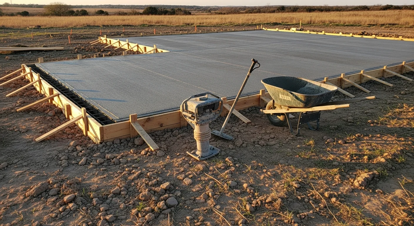 A freshly poured and finished concrete pad on a rural Cross Plains, Texas property, showing a smooth, level surface with clean edges ready for a carport or storage structure. The surrounding landscape reflects the open, flat terrain typical of the Rolling Plains region of West-Central Texas.