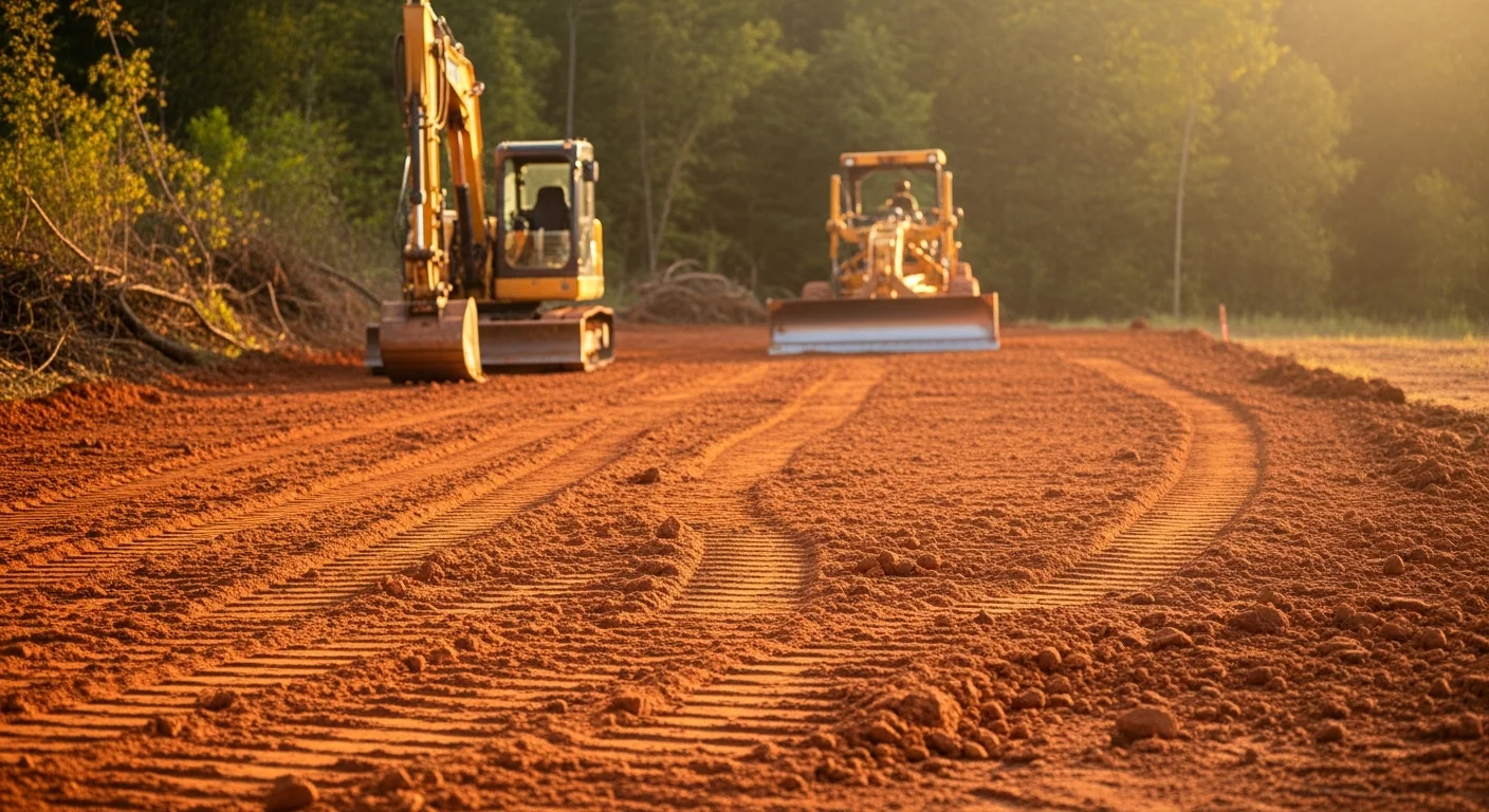 A tracked excavator grading a reddish-brown clay-loam building site on a rural property near Cross Plains, Texas. The cleared and leveled pad is ready for foundation work with open Callahan County rangeland visible in the background.