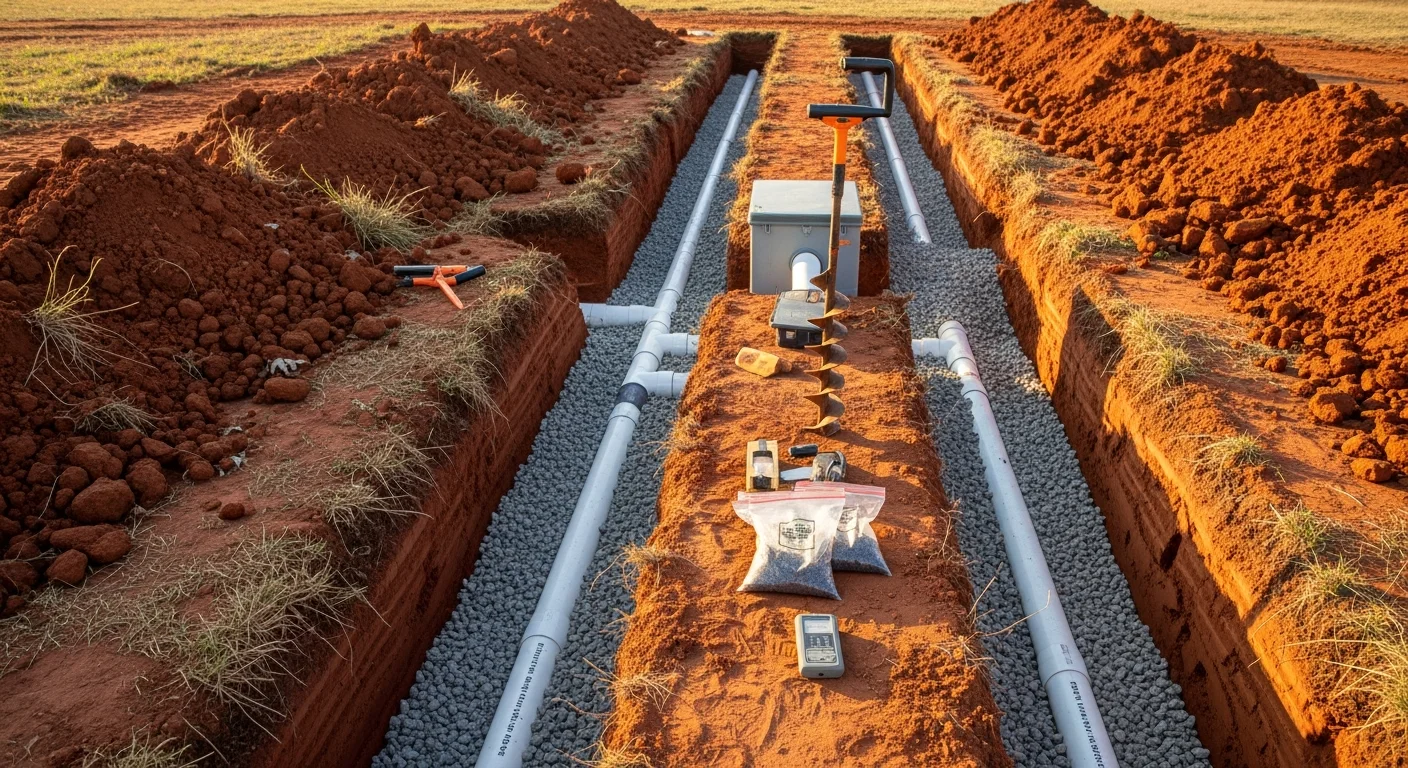 A freshly excavated drain field trench on a rural Cross Plains, Texas property, showing perforated pipe laid on a gravel bed ready for backfill. A licensed contractor from Byrd's Construction and Utilities oversees the installation on open Callahan County land.