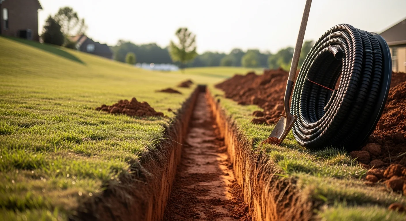 A freshly installed underground drainage system with exposed trench and pipe running across a dry West Texas residential lot in Cross Plains. The surrounding soil shows the red sandy clay typical of the Rolling Plains region.