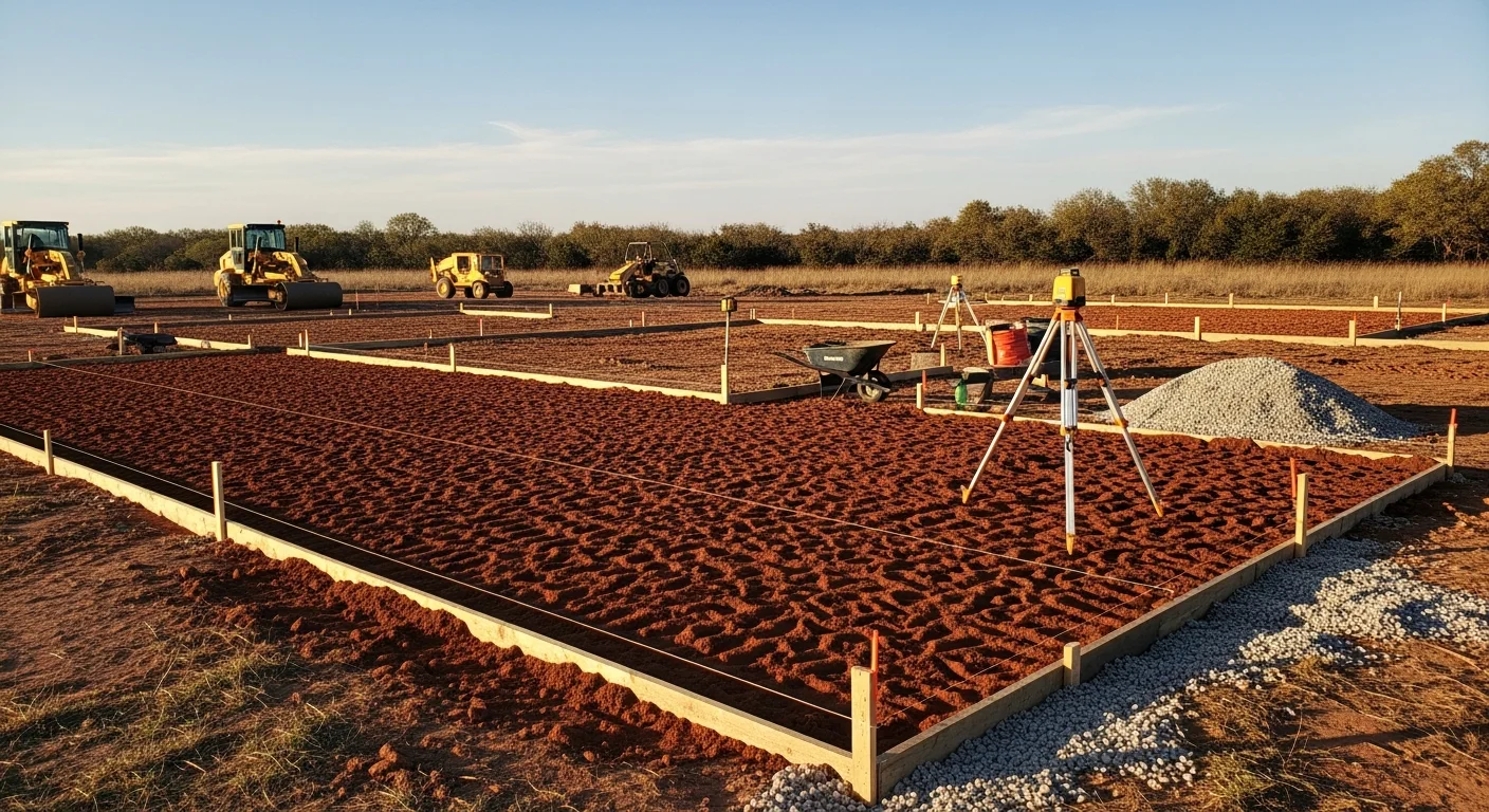 A Cross Plains, Texas construction site showing graded and compacted soil prepared for a concrete foundation pour, with a flat, level base and cleared perimeter ready for forming. Heavy equipment visible in the background on a dry West Texas landscape.