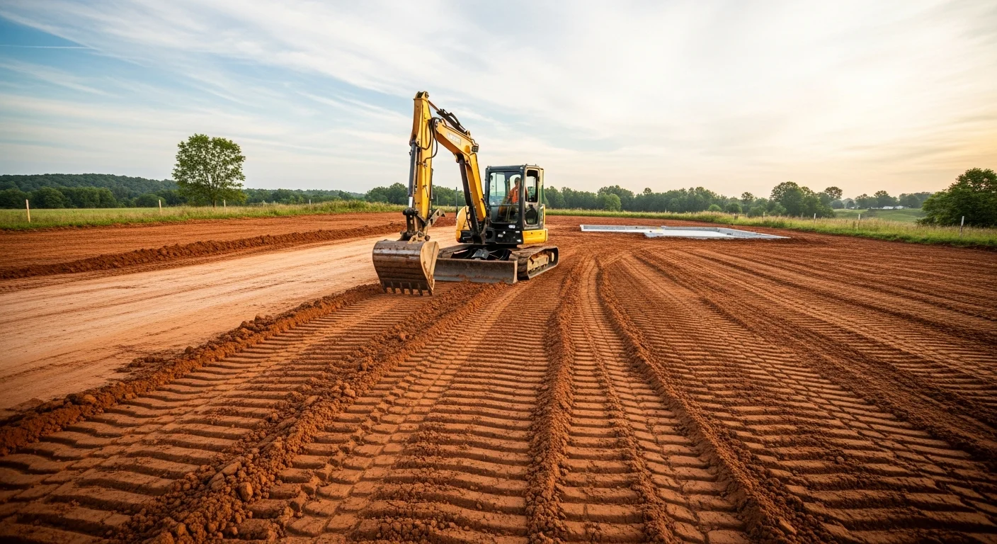 A graded residential lot in Cross Plains, Texas with smooth, sloped earth ready for construction. A tracked excavator sits at the edge of the leveled site against a clear West Texas sky.