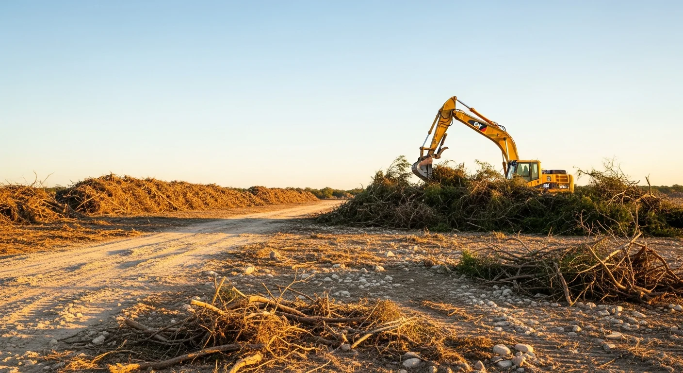 A Cross Plains, Texas rural property after professional land clearing, showing open flat ground with cedar and mesquite removed and soil graded for construction or pasture use. Heavy excavation equipment from Byrd's Construction and Utilities is visible at the edge of the cleared site.