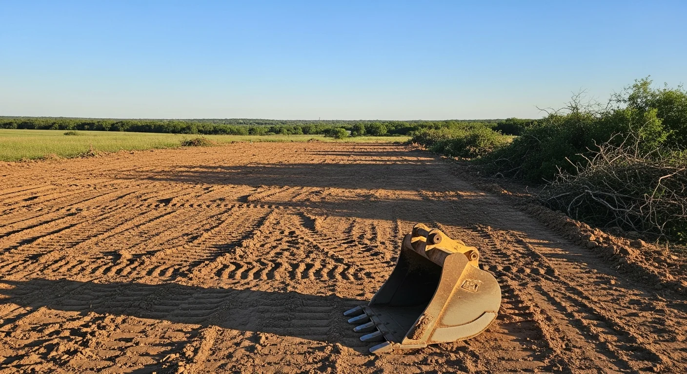 A cleared residential lot in Cross Plains, TX showing bare, level ground after mesquite and brush removal by an excavation contractor. Heavy equipment tracks are visible across the graded soil surface.