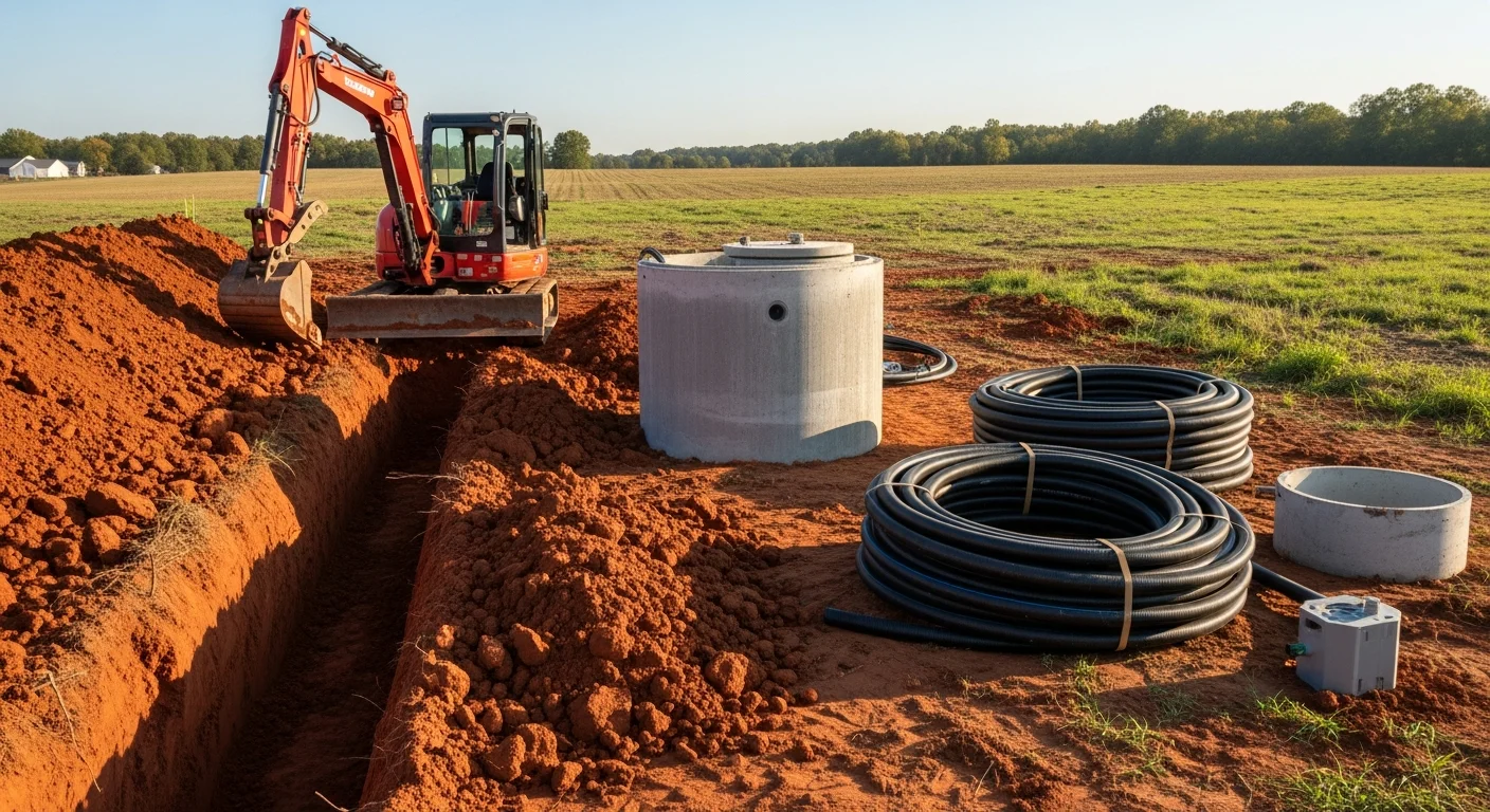 A newly installed septic system on a rural residential property in Cross Plains, TX, showing a concrete tank set in an excavated trench with a graded drain field extending across open land. A construction crew from Byrd's Construction and Utilities completes finish grading on the Callahan County lot.