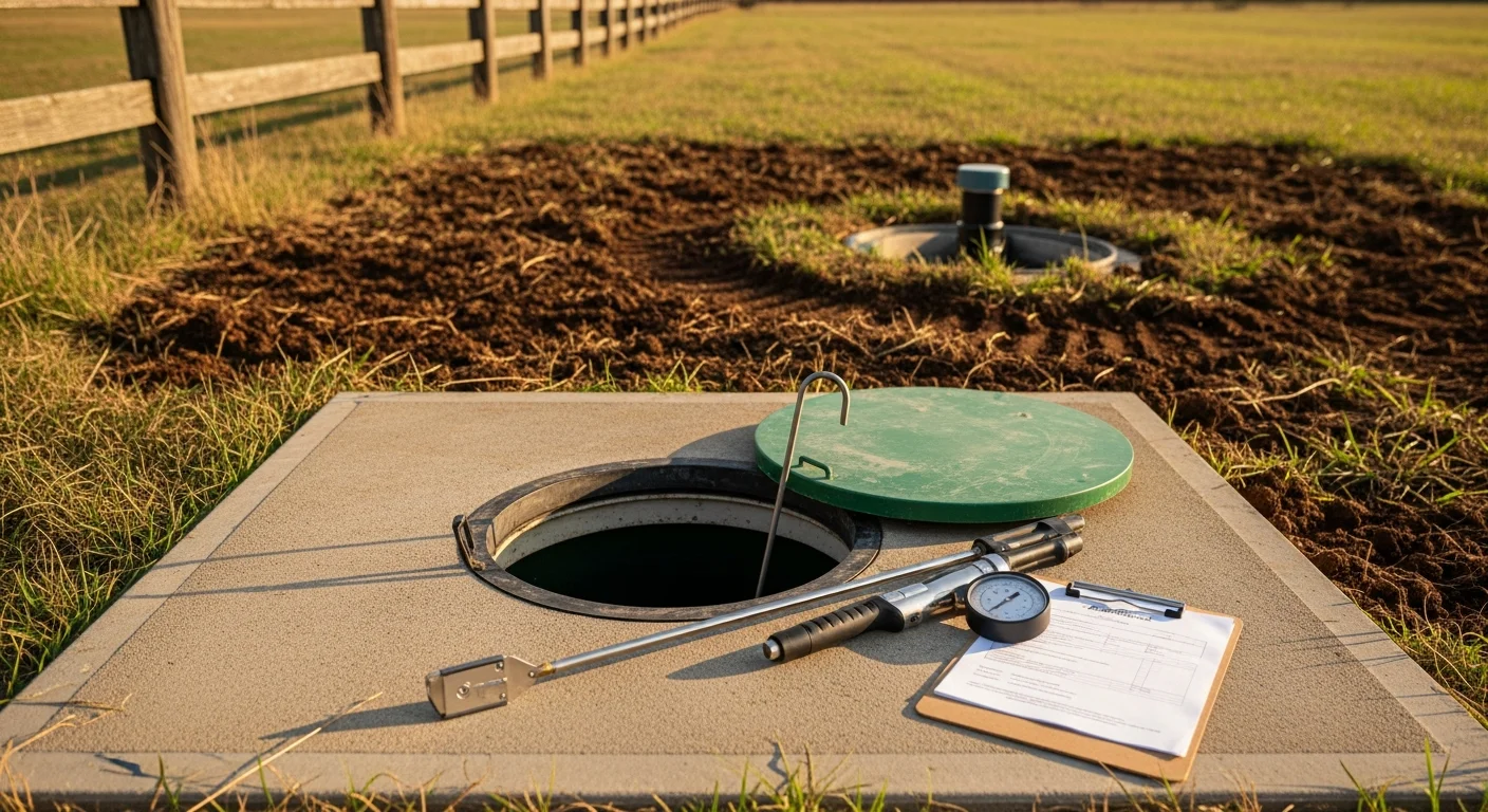 A septic system access lid open in a rural Cross Plains, Texas yard, with a technician from Byrd's Construction and Utilities inspecting the tank during a routine maintenance visit. Flat West Texas terrain and dry grass visible in the background.