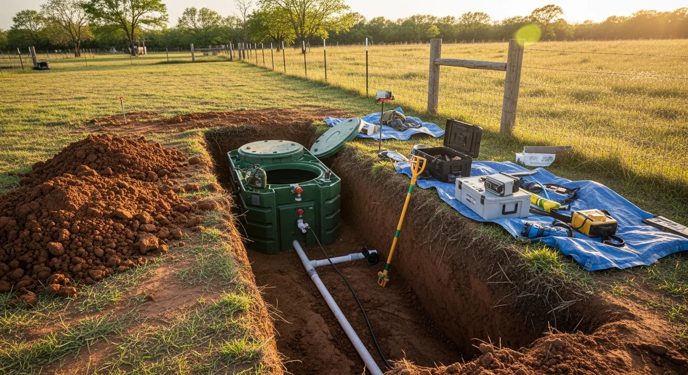 A repaired residential septic system drain field on a rural Cross Plains, Texas property, with freshly graded soil and exposed access risers visible above ground. A service truck from Byrds Construction and Utilities is parked nearby on the open lot.