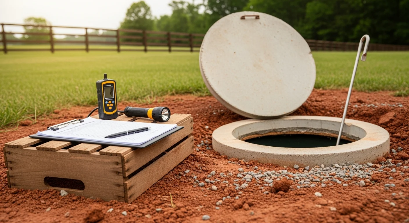 A septic tank inspection underway at a rural residential property in Cross Plains, Texas, with a technician examining the open tank lid and checking internal components. The surrounding yard shows a typical Callahan County rural home setting with open land in the background.