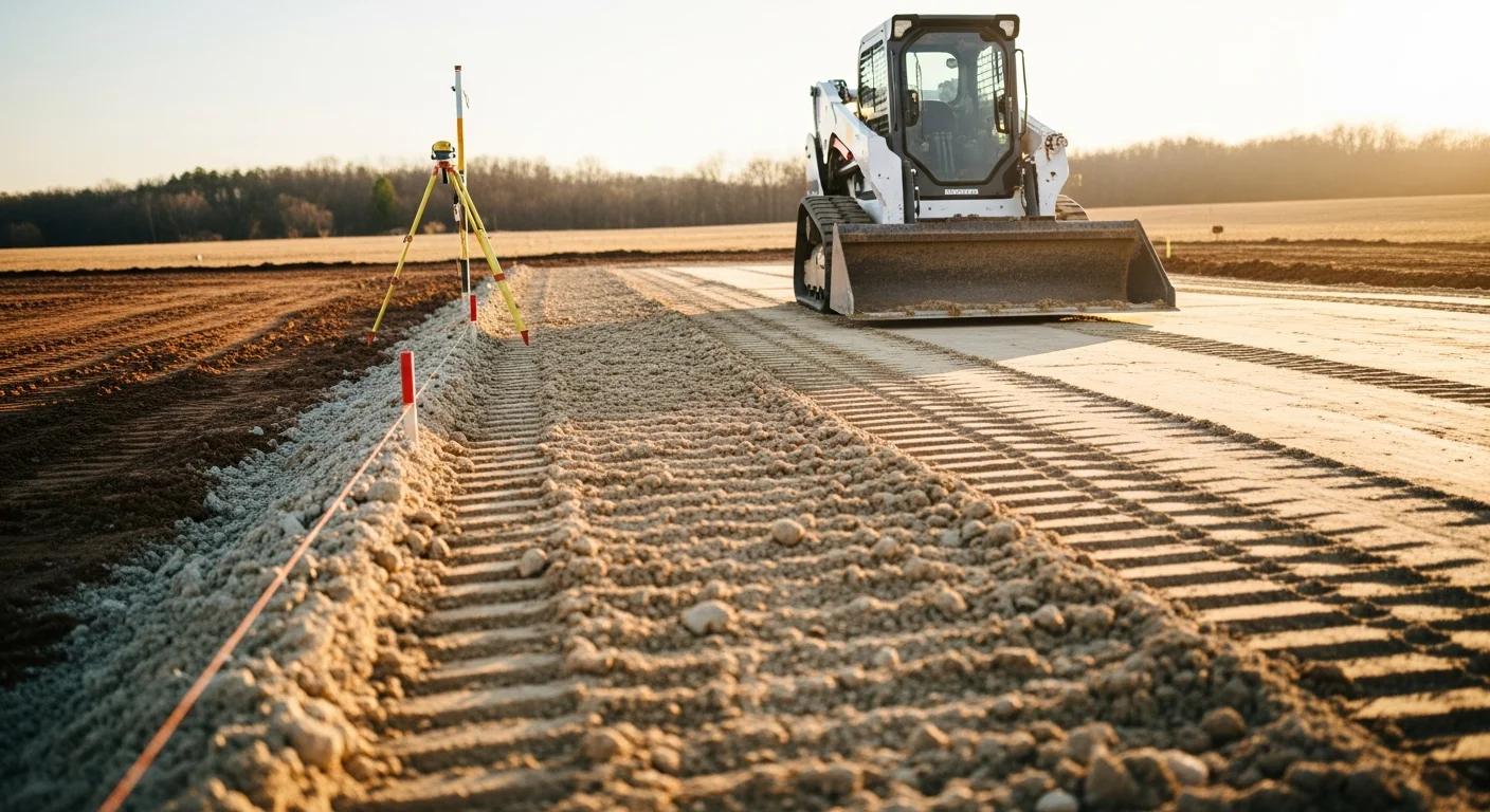 A tracked excavator grading and leveling a raw dirt lot in Cross Plains, Texas, with cleared brush pushed to the perimeter and a flat compacted building pad taking shape in the foreground.