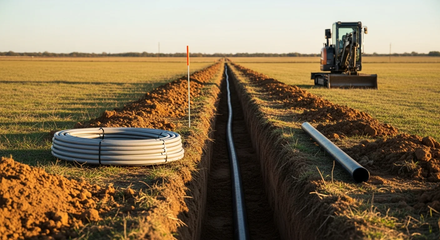 A utility contractor operating a track excavator to trench a water line installation on a rural residential property in Cross Plains, Texas. Freshly excavated soil runs alongside an open trench with PVC pipe laid and ready for connection.