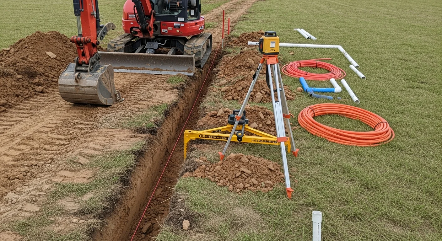 A utility trench dug across a residential property in Cross Plains, Texas, showing a clean, straight cut through sandy loam soil with an underground pipe bedded and ready for backfill. A Byrd's Construction and Utilities crew member inspects trench depth alongside excavation equipment on a clear West Texas day.