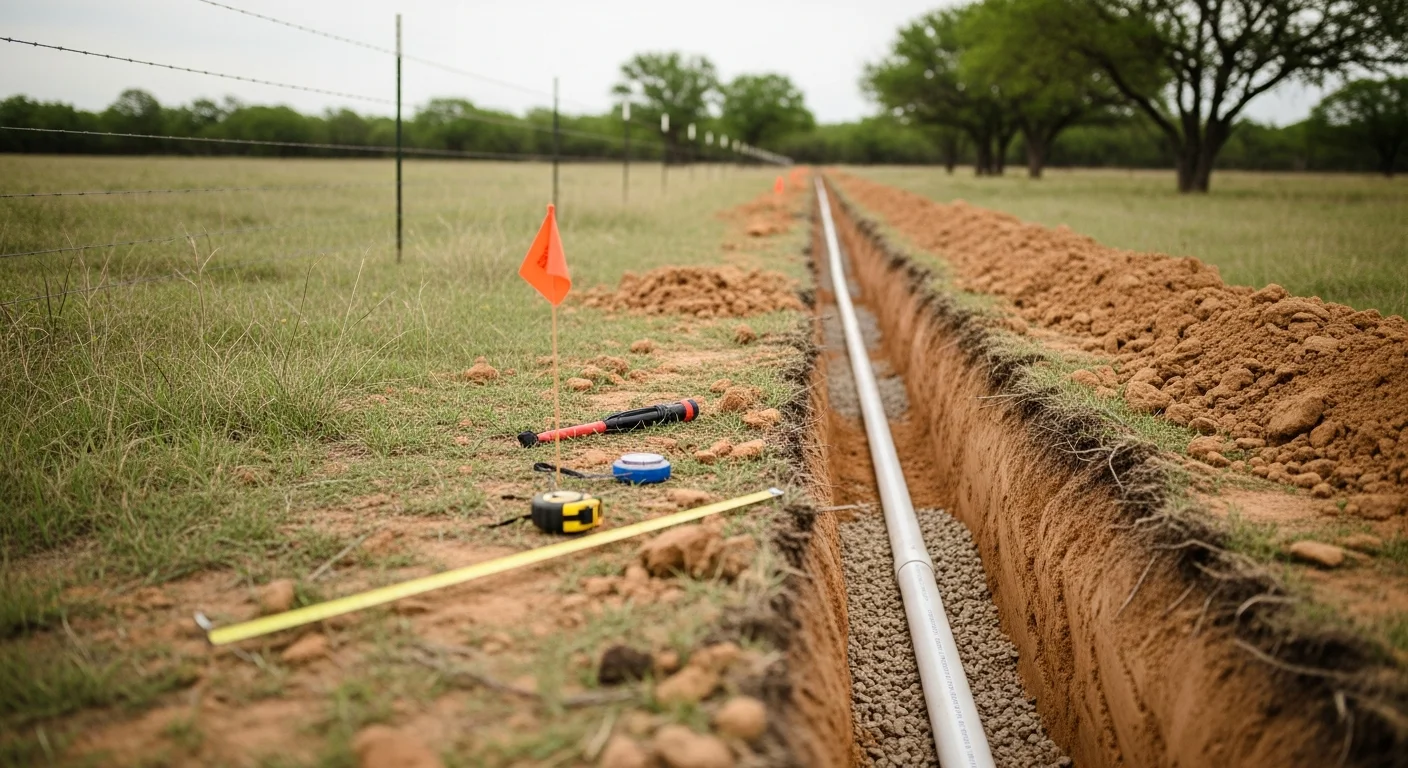 A freshly trenched water line installation in a Cross Plains, Texas yard, showing a utility contractor laying pipe in a straight excavated trench through sandy clay soil. The surrounding ground is undisturbed and a compactor sits nearby ready for backfill.